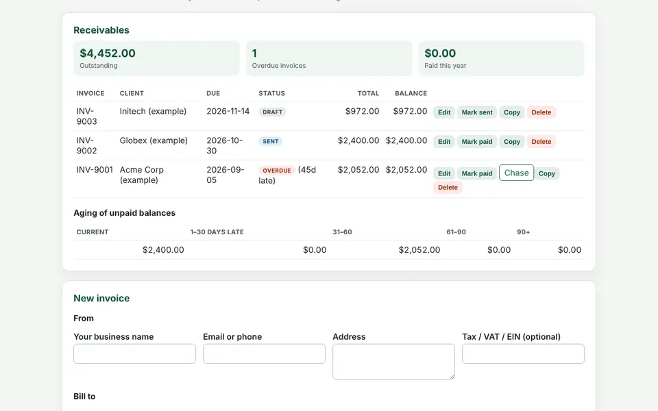 Invoice Maker with its worked example loaded