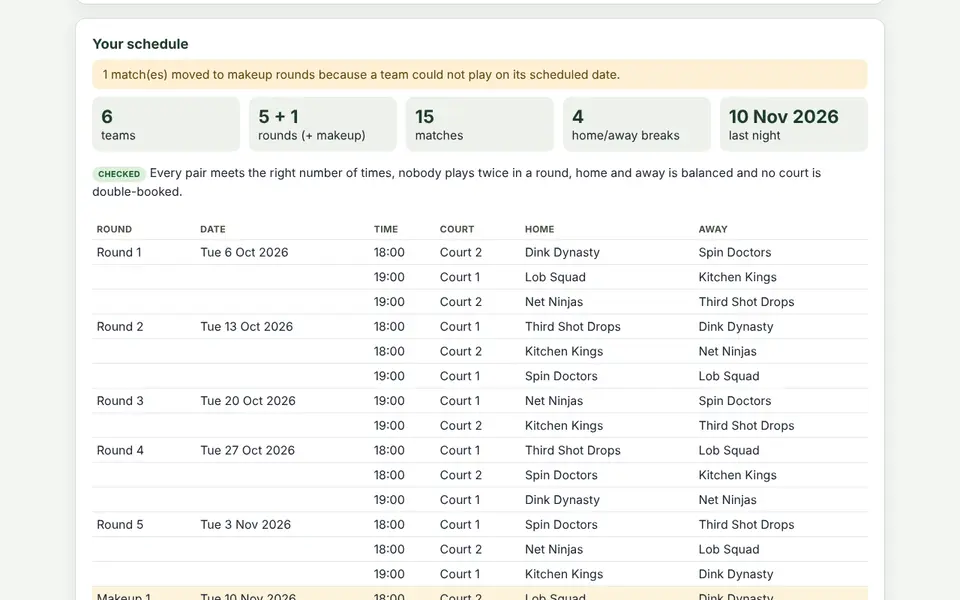 League Schedule Generator with its worked example loaded